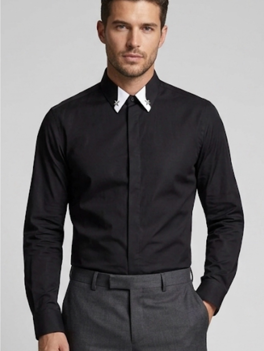 Givenchy Black Dress Shirt with White Star-Tipped Collar